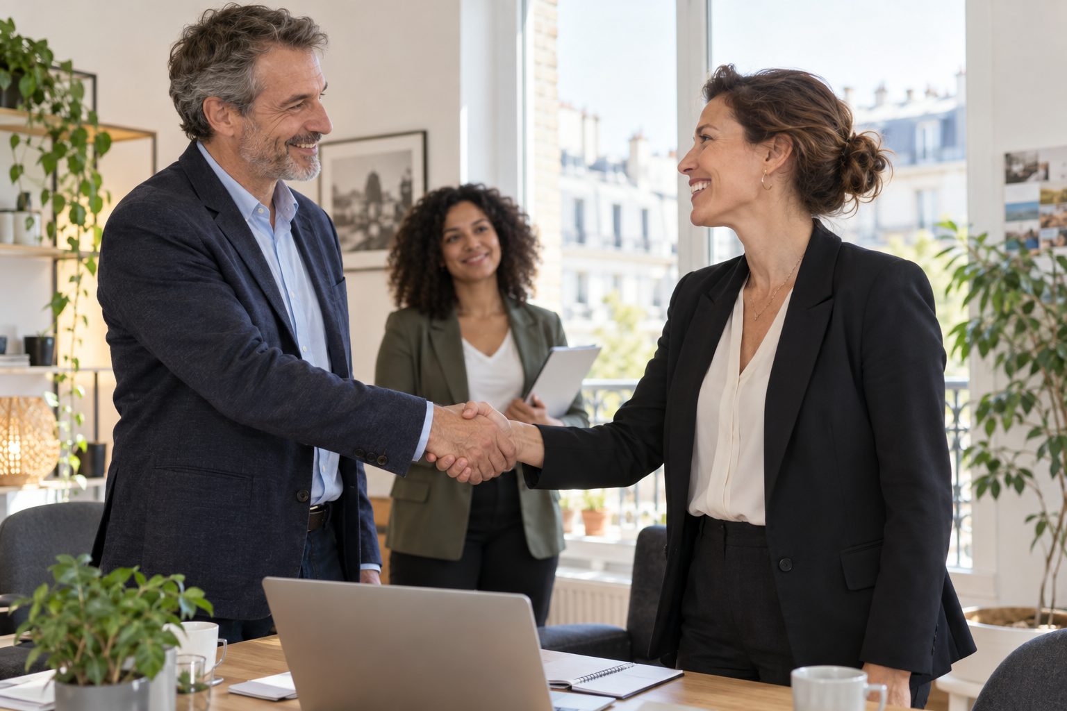 Directeur d’association échangeant une poignée de main avec une responsable professionnelle