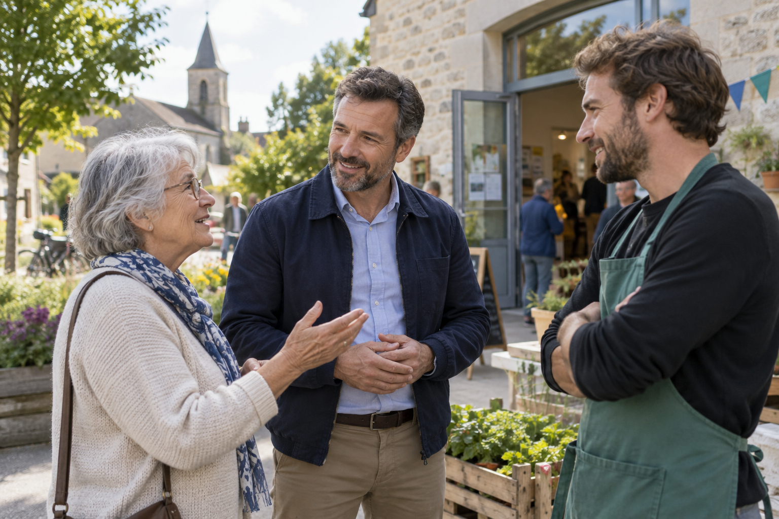 Conseiller ECOVAL échangeant avec une habitante et un professionnel du territoire