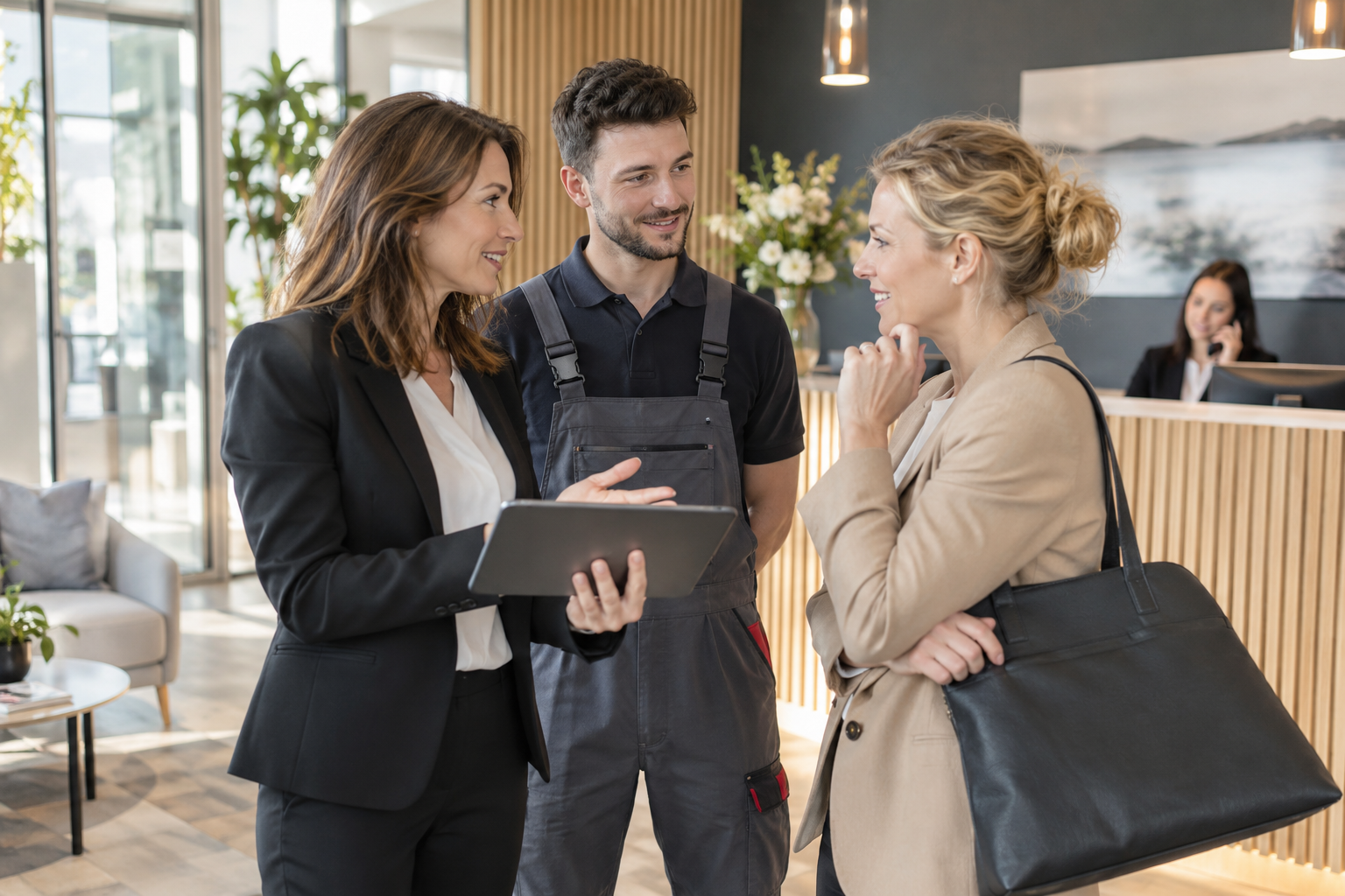 Coordinatrice présentant rapidement un salarié disponible à une cliente professionnelle