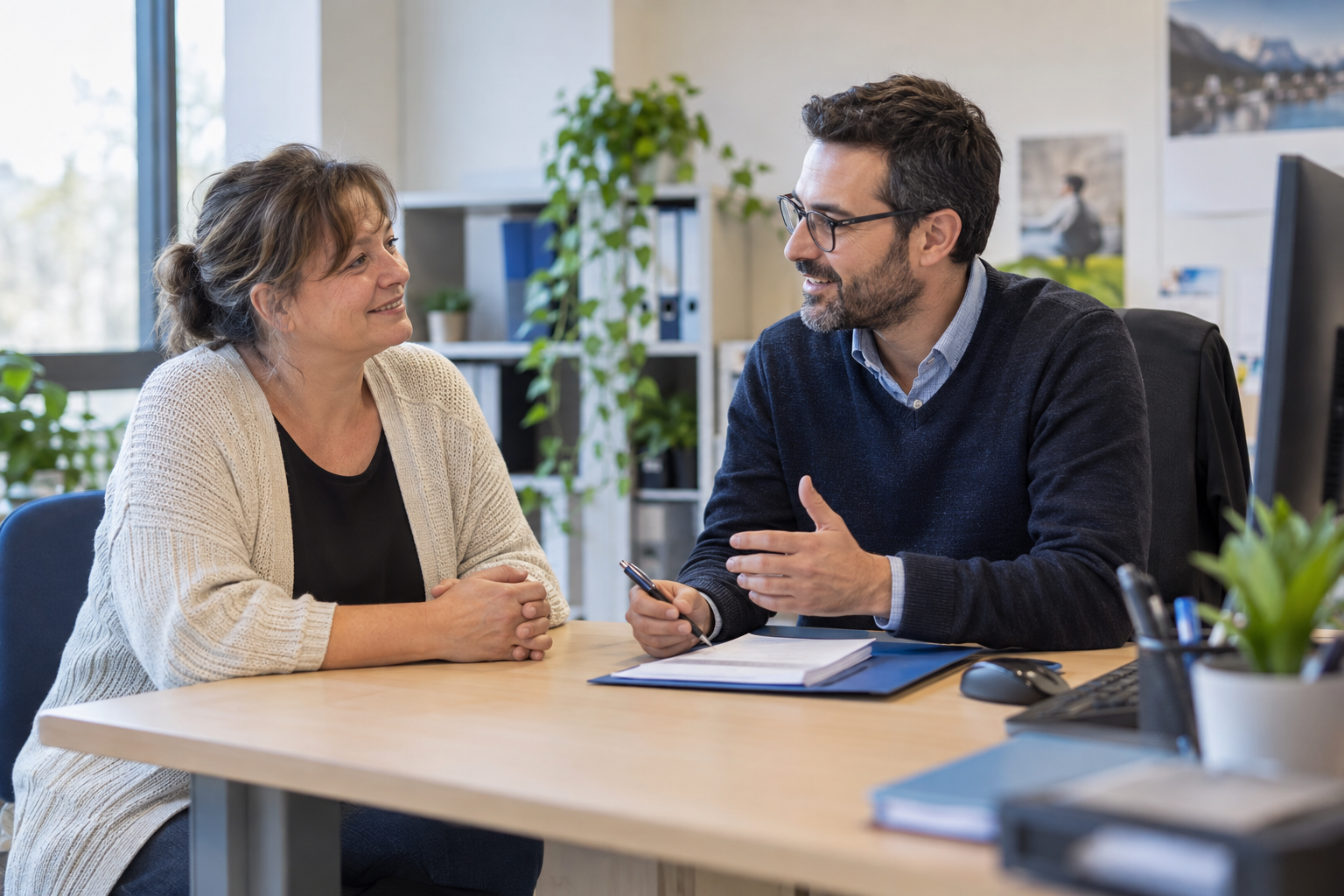 Une personne accompagnée échange avec un conseiller dans un bureau
