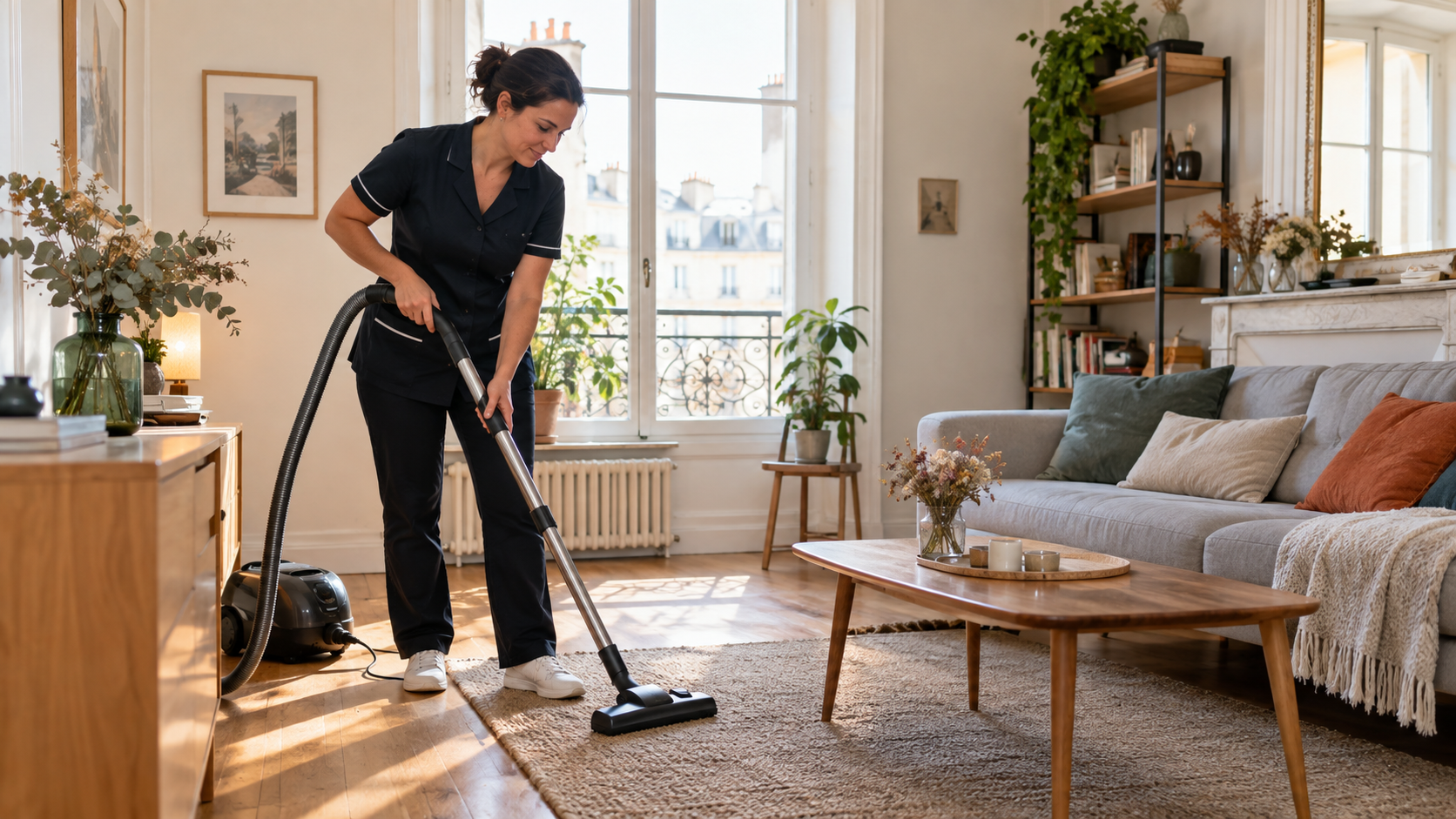 Professionnelle réalisant le ménage à domicile