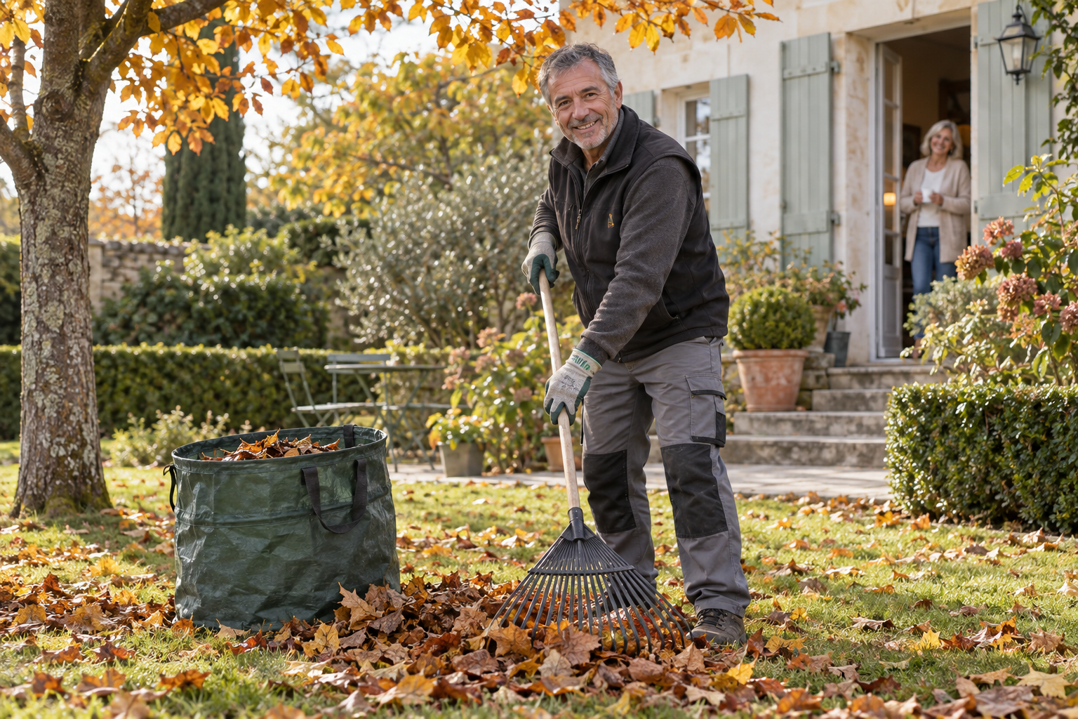 Professionnelle ramassant les feuilles dans un jardin