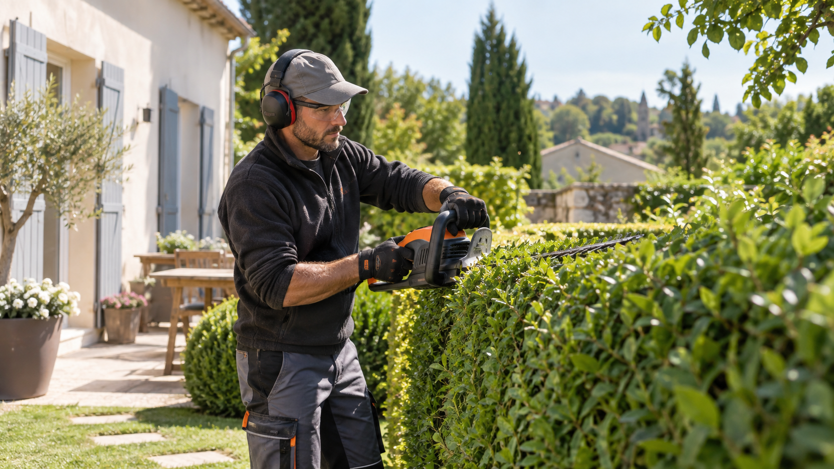 Professionnel taillant une haie