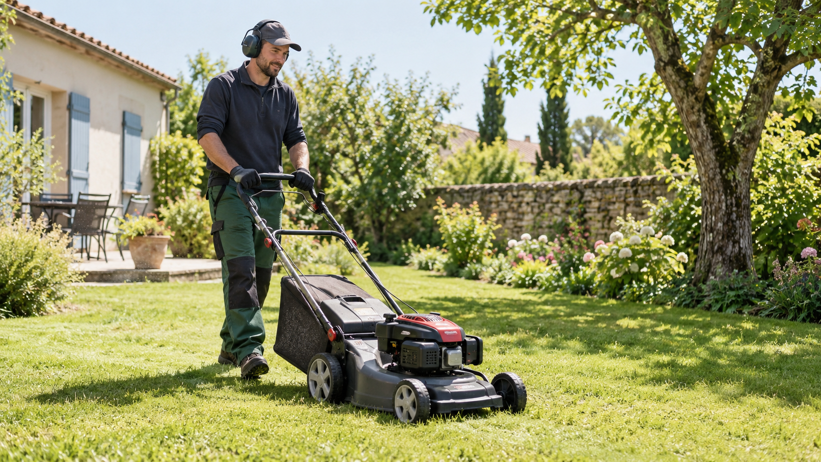 Professionnel tondant une pelouse